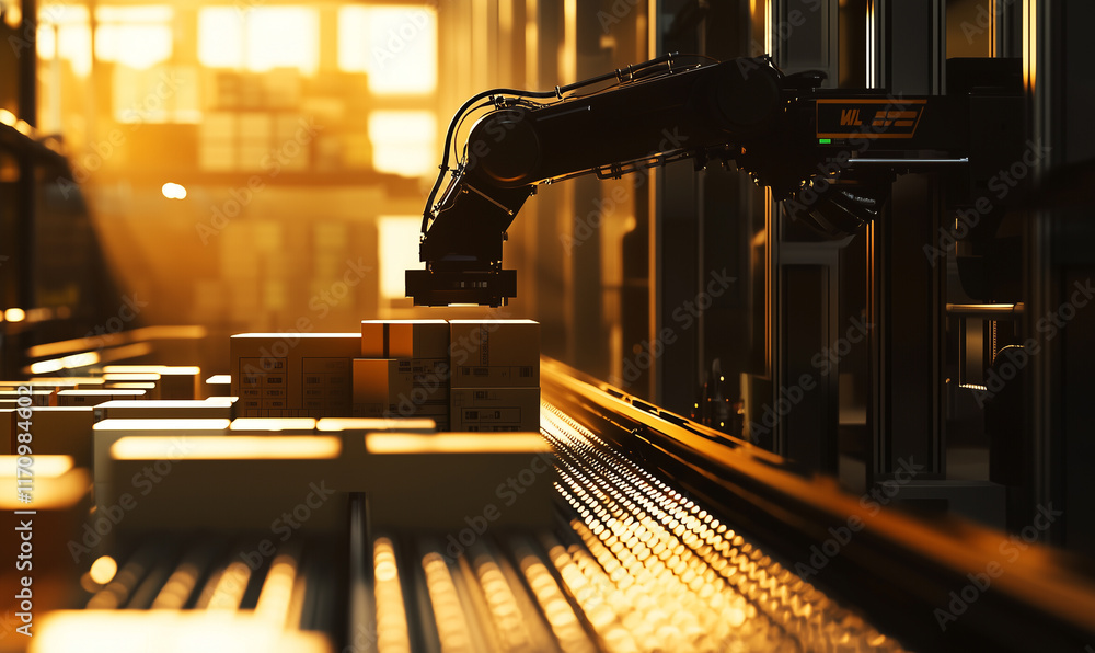 Poster a robotic arm operates in a warehouse, handling boxes under warm, golden light, showcasing automatio