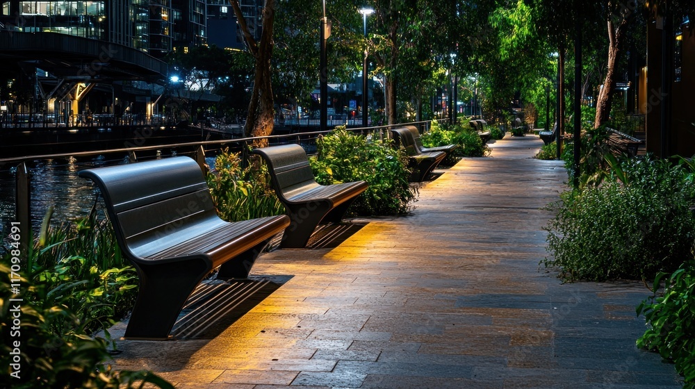 Poster night view of empty benches along a waterfront walkway with lush greenery and soft lighting.