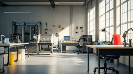 modern industrial workspace featuring 3D printing machines, workstations, and large windows. bright environment enhances productivity and creativity in design and manufacturing