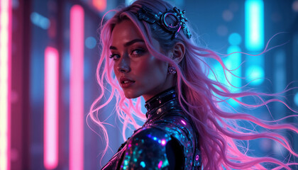 Young woman in futuristic costume with pink hair, neon lights background.Fashion advertisement, cyberpunk theme, futuristic event promotion, nightlife poster, techno fashion, digital marketing, party 
