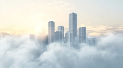 Fototapeta premium Modern Cityscape Minimalist Skyscrapers Reaching Above the Clouds, Monochromatic Gray Scale