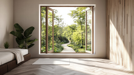 Fototapeta premium Interior open door, window landscape. Bright room with open windows overlooking a lush green pathway and trees outside.