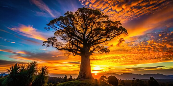 Majestic Kauri Tree Silhouette at Sunset - New Zealand Native Forest