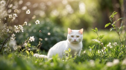 White cat sitting in a garden surrounded by blooming flowers in soft sunlight