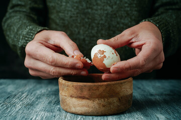 man peeling a brown hard-boiled egg