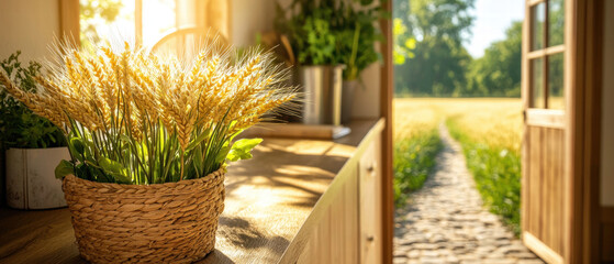 Interior open door, window landscape. A sunlit interior with wheat in a basket and an inviting doorway to a field.