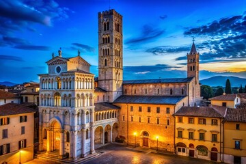 Majestic Lucca Cathedral & Bell Tower at Night - Italian Landmark Illuminated
