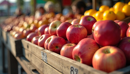 Red apples piled in wooden crates at market