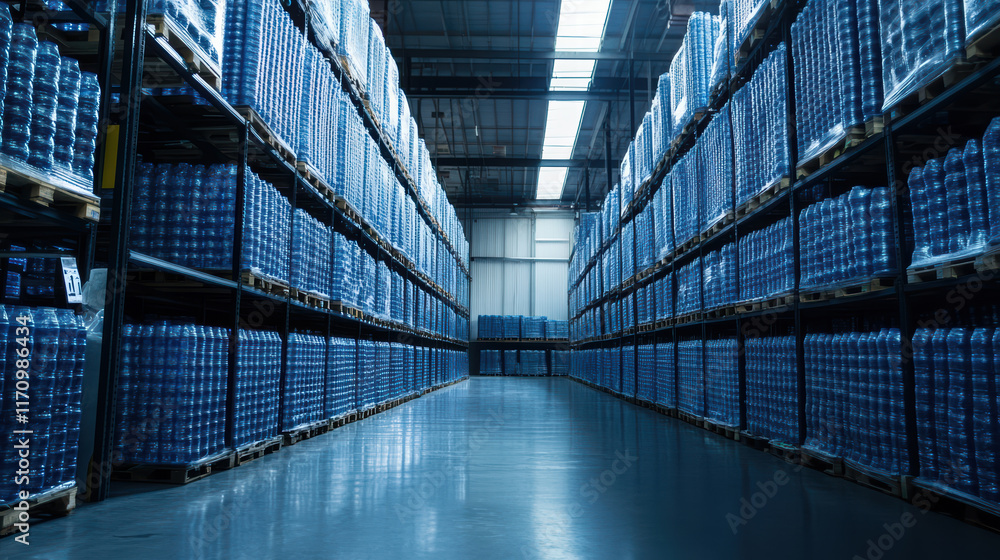 Poster bottled water stacked in warehouse, organized and neatly arranged, creating sense of order and effic