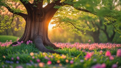 Sunset light shining through leaves of a large tree in a flower-filled meadow