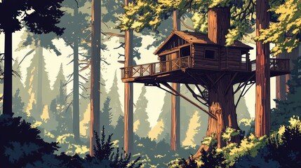 Wooden Treehouse nestled among tall forest trees