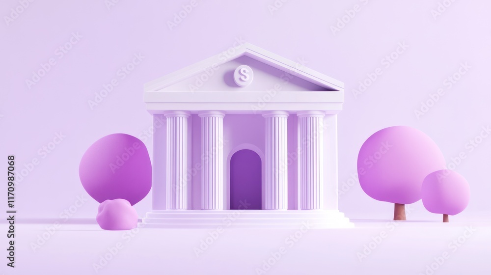 Poster Minimalist 3D rendering of a classic bank building with stylized trees on a purple background.