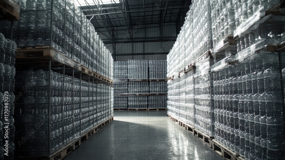 Poster bottled water stacked in warehouse, organized neatly on pallets, creating clean and efficient storag