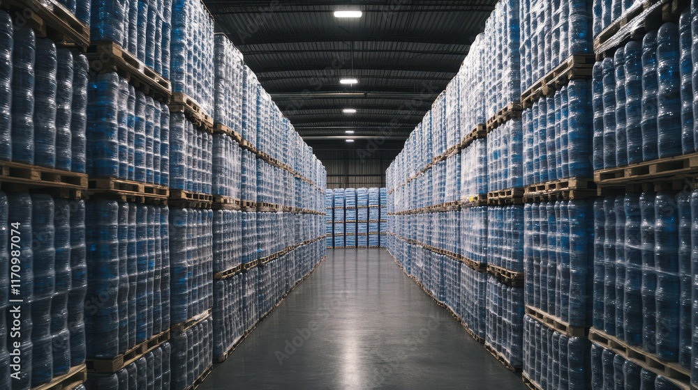 Poster bottled water stacked in warehouse, organized neatly on pallets, creating symmetrical and spacious a