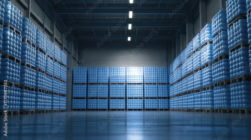 Poster bottled water stacked in warehouse, organized and neatly arranged, creating sense of order and effic