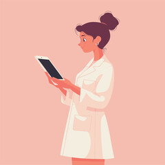 Fototapeta premium Illustration of a girl in a lab coat holding a tablet.