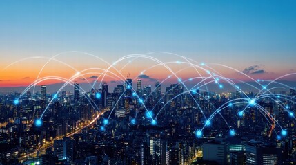 Glowing Skyline with 5G Network Connectivity Visualization