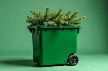 A green trash can with withered Christmas trees and branches is a visual embodiment after the festive sadness