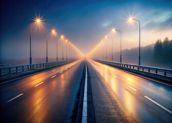 Obraz premium AI-generated image: A misty highway at dusk, with empty streetlights casting long shadows.