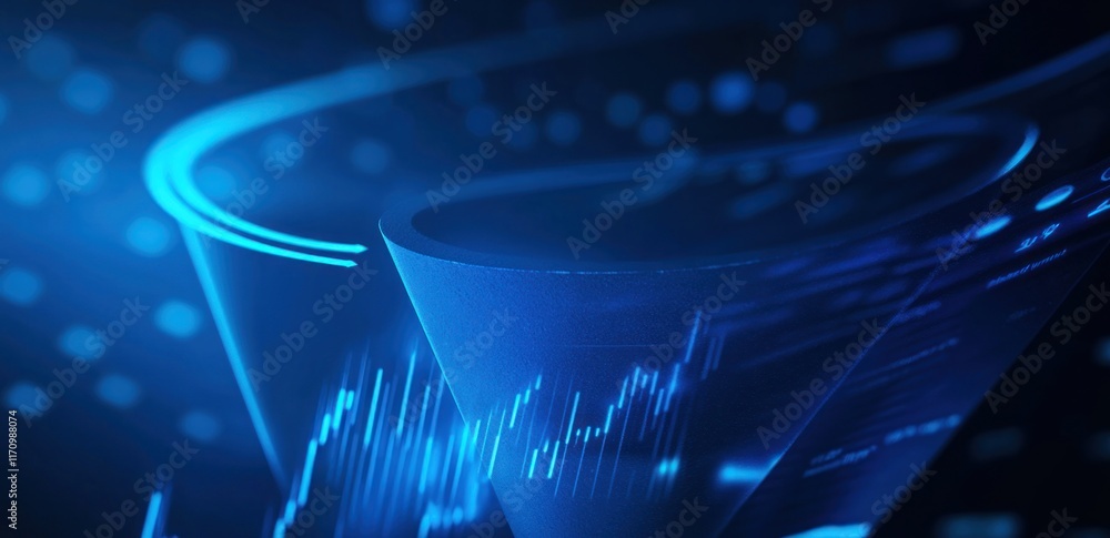 Poster abstract blue glowing funnel with data visualization.
