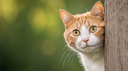 Fototapeta premium An orange and white cat peeking out from behind a wooden fence