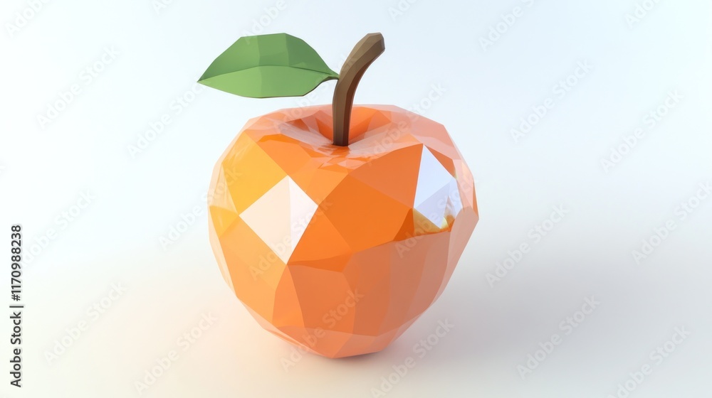 Poster low-poly 3d render of an orange apple with a single leaf.