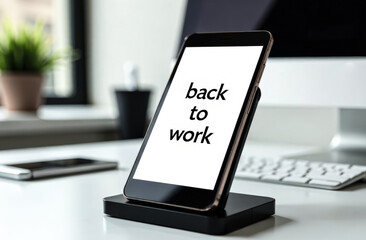 the inscription in black letters on the white screen of the phone is "Back to work". The phone sits on a black stand on a white office desk