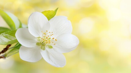 Fototapeta premium A white flower on a tree branch with green leaves