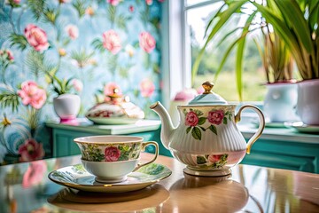 Fototapeta premium A kitsch-filled retro afternoon tea party, captured with high depth of field, showcasing whimsical wallpaper, teapot, and plates.