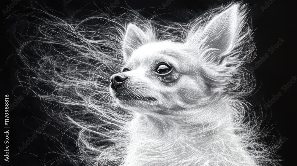 Poster monochrome portrait of a long-haired chihuahua dog against a dark background with artistic flowing l