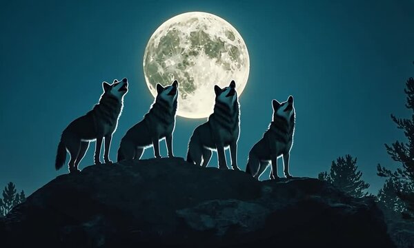 Four wolves silhouetted against a full moon howling in the night.