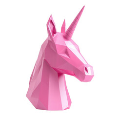 A vibrant pink unicorn head sculpture in a geometric design showcasing sharp angles and a prominent horn.