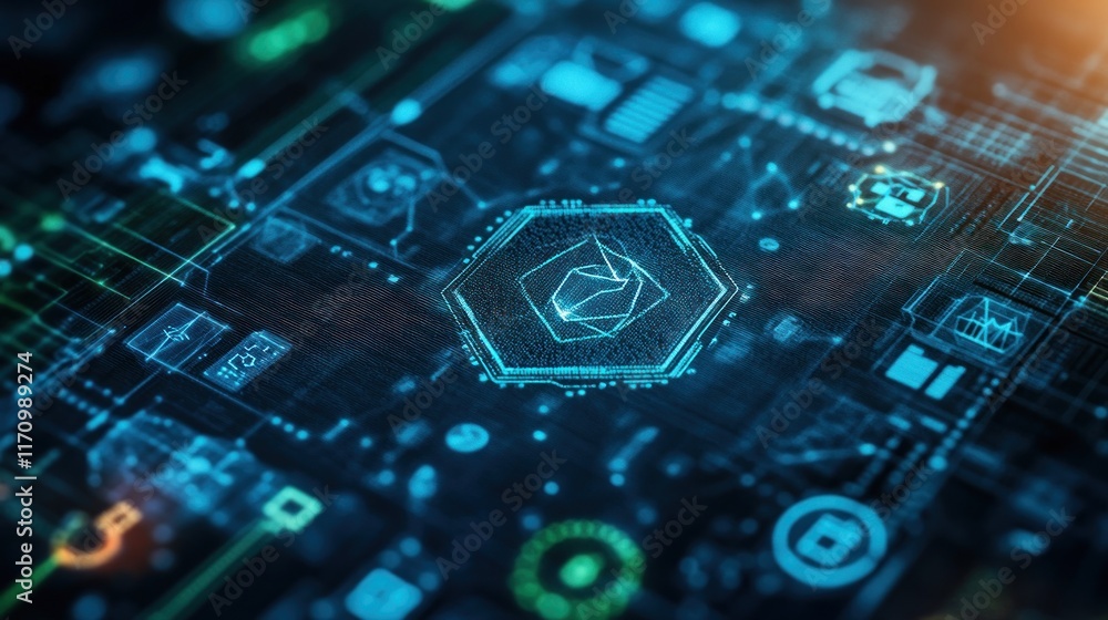 Poster futuristic digital hexagon symbol on circuit board.