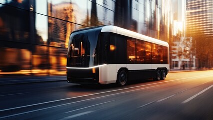 Fototapeta premium futuristic electric truck driving through a modern city at sunset, representing innovation and sustainability in the commercial transport sector