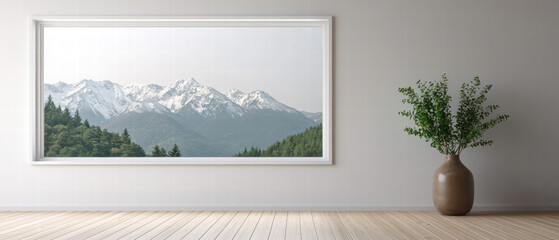 Interior open door, window landscape. Framed mountain landscape with greenery and a vase, creating a serene indoor atmosphere.