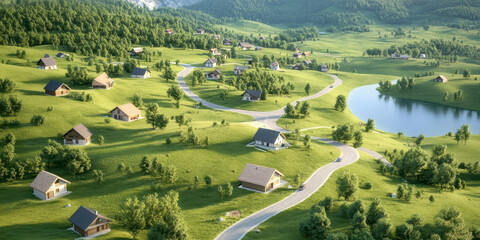 Fototapeta premium Idyllic rural village with small houses, winding roads, and lush greenery