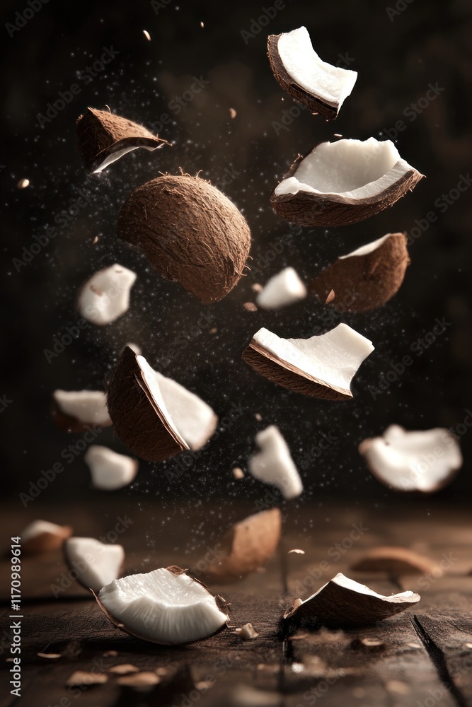 Poster exploding coconut pieces in mid-air, showcasing the inside and outside of the fruit against a dark b