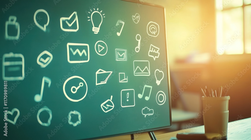 Poster Digital screen displaying various application icons.