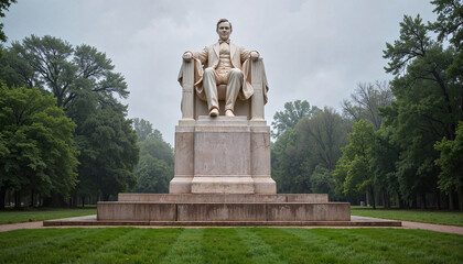 Fototapeta na wymiar Lincoln statue in misty park at dawn, homage to history