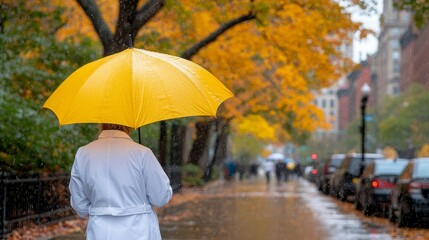 A woman in a white coat holding a yellow umbrella in the rain