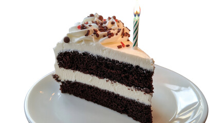 A Slice of Birthday Cake with a Lit Candle: Perfect for Celebrating Special Moments and Creating Joyous Memories with Loved Ones.