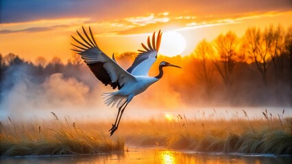 Obraz premium Majestic Red-Crowned Crane in Flight, Elegant Japanese Crane Soaring Over Wetlands at Sunrise