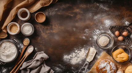 Cozy kitchen with baking supplies, flour, eggs, and warm colors creating welcoming atmosphere for culinary creativity. Perfect for baking enthusiasts