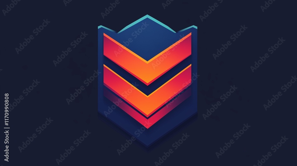 Poster a modern game badge with a symmetrical chevron pattern in bright red and orange, contrasted with a s