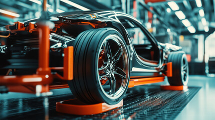 Fototapeta premium Detailed 3D visualization of electric car assembly showcasing rear view, highlighting sleek design and intricate components. image captures modern automotive manufacturing process