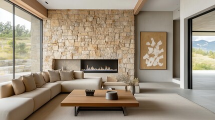 Fototapeta premium A modern living room with a stone wall and a contemporary fireplace, featuring a beige sectional, a wooden coffee table, and minimalist art pieces. The space has large windows offering a scenic view.