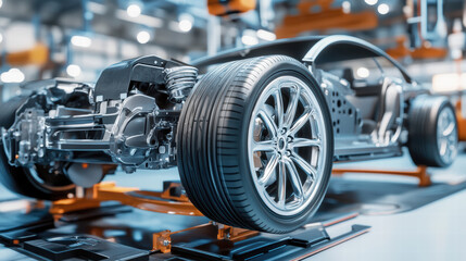 Fototapeta premium Detailed 3D visualization of electric car assembly showcasing chassis, wheels, and components in modern factory setting. image captures intricate design and engineering involved
