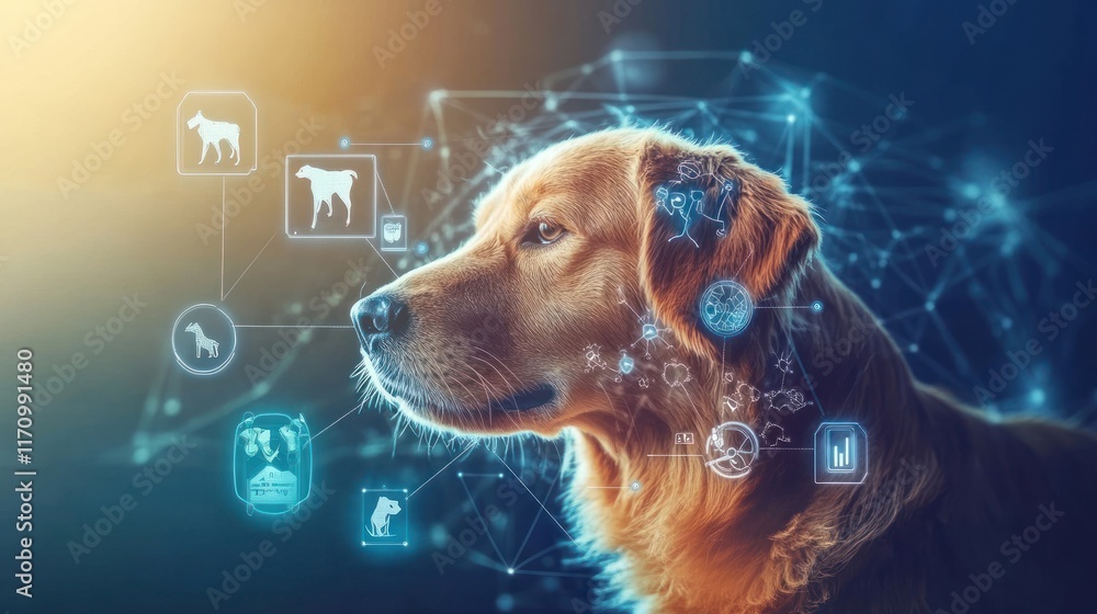 Poster golden retriever profile with digital overlay showing animal data.
