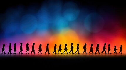 Fototapeta premium Silhouettes of Diverse People Walking Against Colorful Background