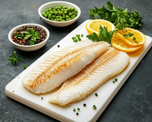 Ingredient food preparation concept, Fresh fish fillets garnished with herbs, lemon slices, and spices on a cutting board, surrounded by green peas and seasonings.